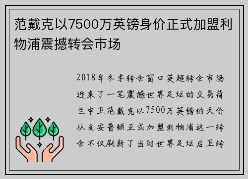 范戴克以7500万英镑身价正式加盟利物浦震撼转会市场